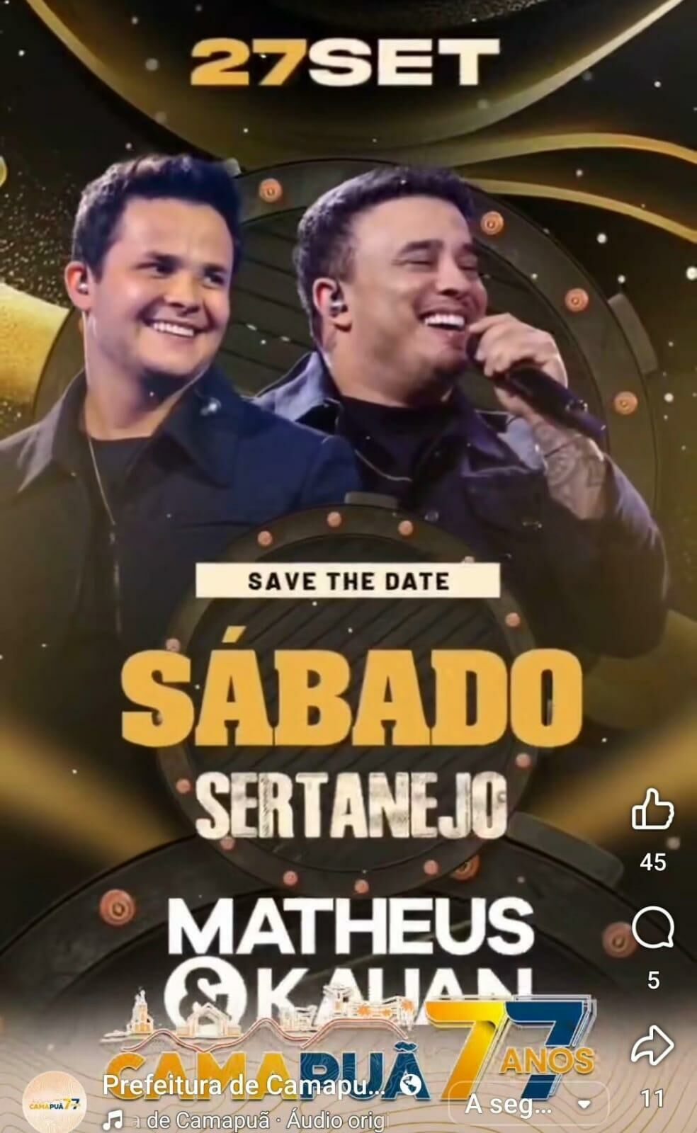 Imagem de compartilhamento para o artigo Prefeitura de Camapuã desviou verba da educação para pagar show de R$574 mil de Matheus & Kauan, diz MP da MS Todo dia
